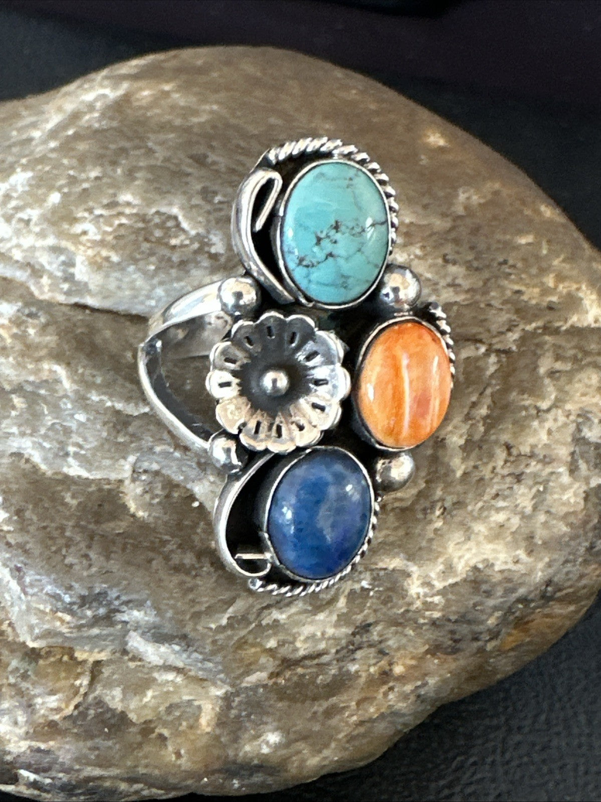 Multicolor Ring Turquoise Spiny Navajo Sterling Silver Cluster Size 8 19186