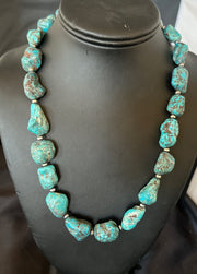 Men's Women's Chunky Blue Nugget Turquoise Navajo Necklace | Sterling Silver | Authentic Native American Handmade | 18673