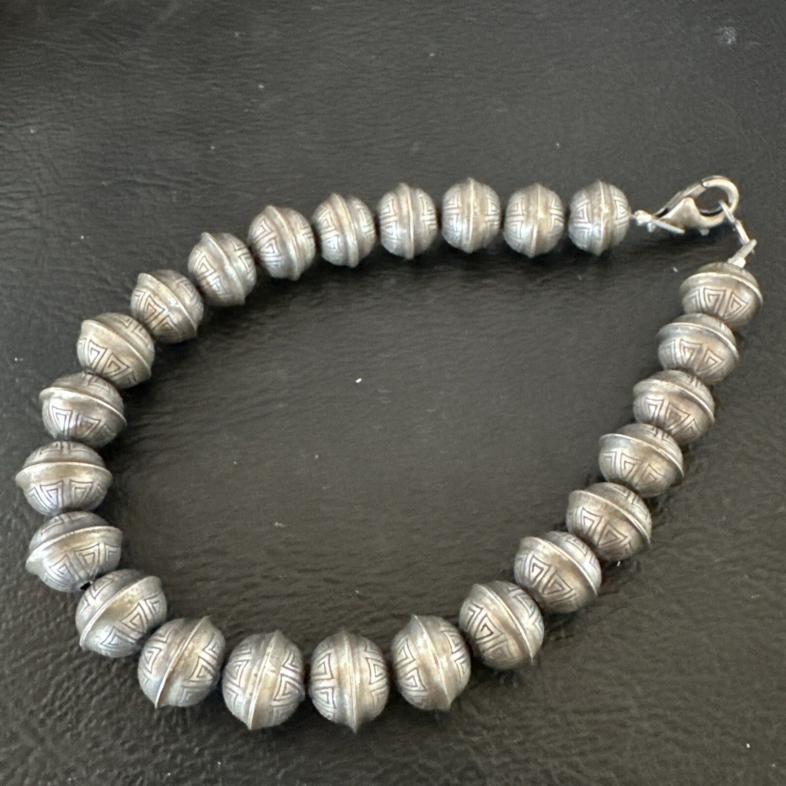 Handmade Stamped Navajo Pearls 8mm Beads 8” Sterling Silver Bracelet 17446