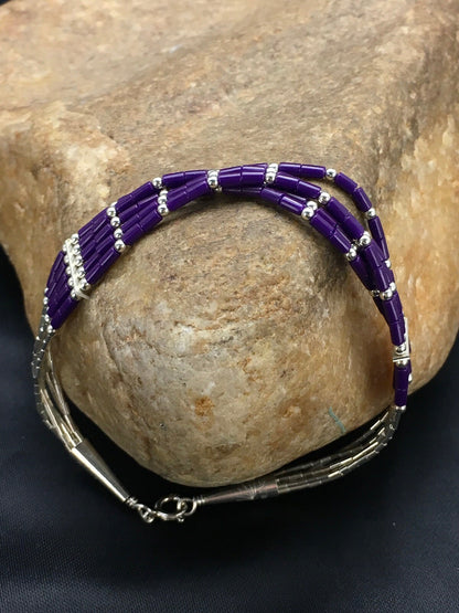 Purple Stone Heishi 5Strand Southwestern Liquid Sterling Silver Bracelet 7" 2933