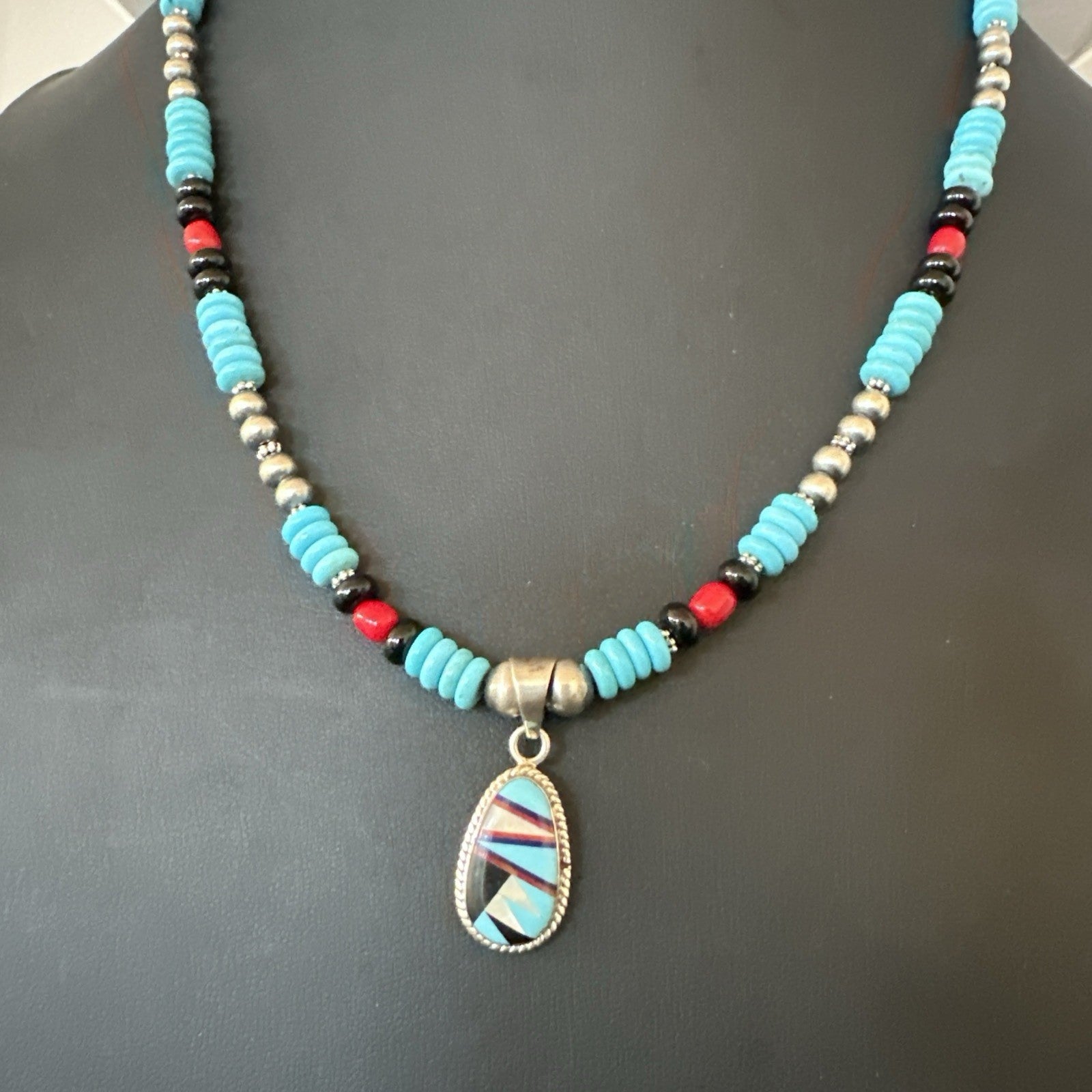 Multicolor Turquoise Coral Navajo Sterling Silver Inlay Pendant Necklace 19648