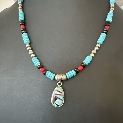 Multicolor Turquoise Coral Navajo Sterling Silver Inlay Pendant Necklace 19648