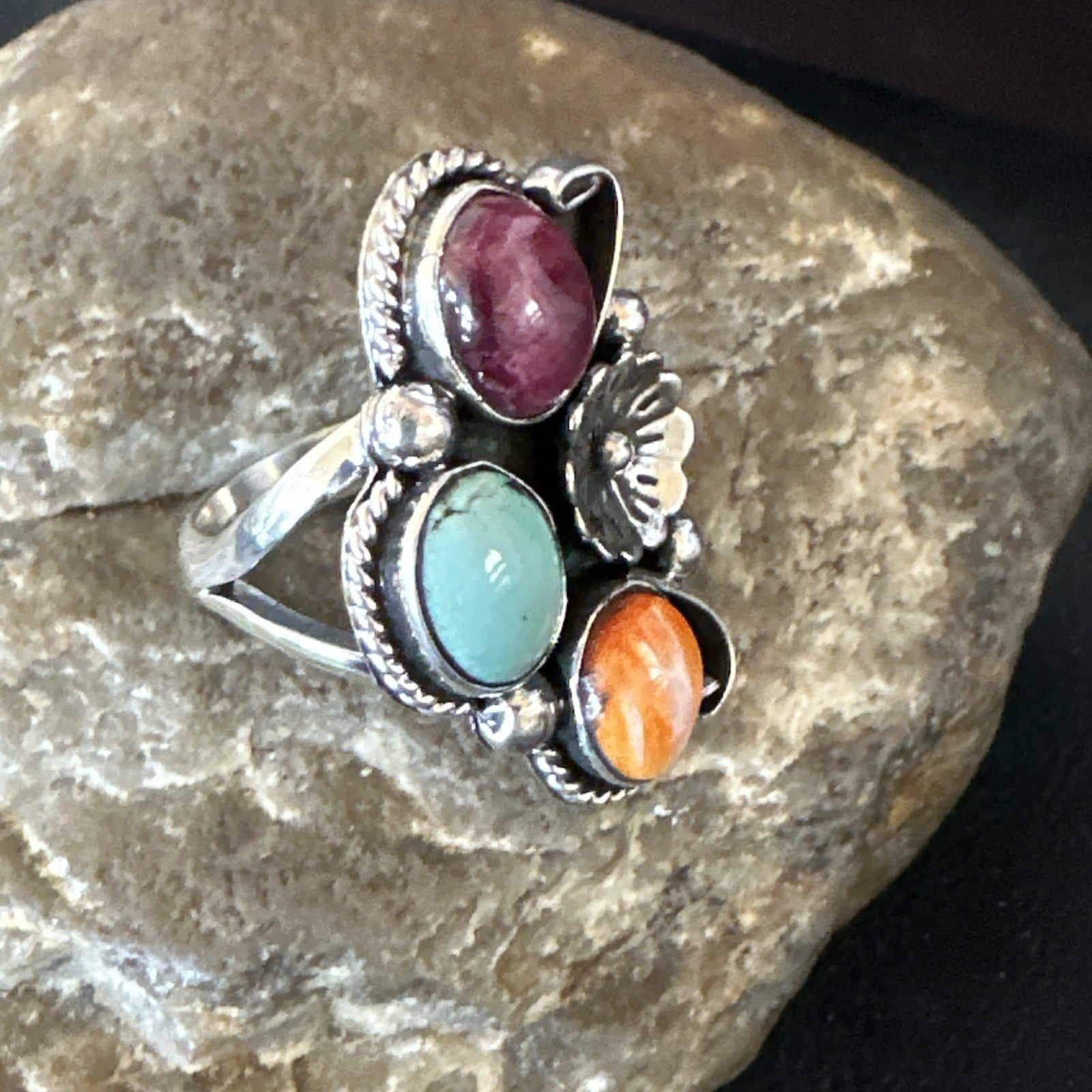 Multicolor Ring Turquoise Spiny Navajo Sterling Silver Cluster Size 9 19172