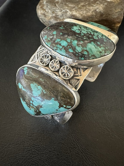 Mens Blue Spiderweb Turquoise Navajo Sterling Silver Cuff Bracelet 7.25" 19435