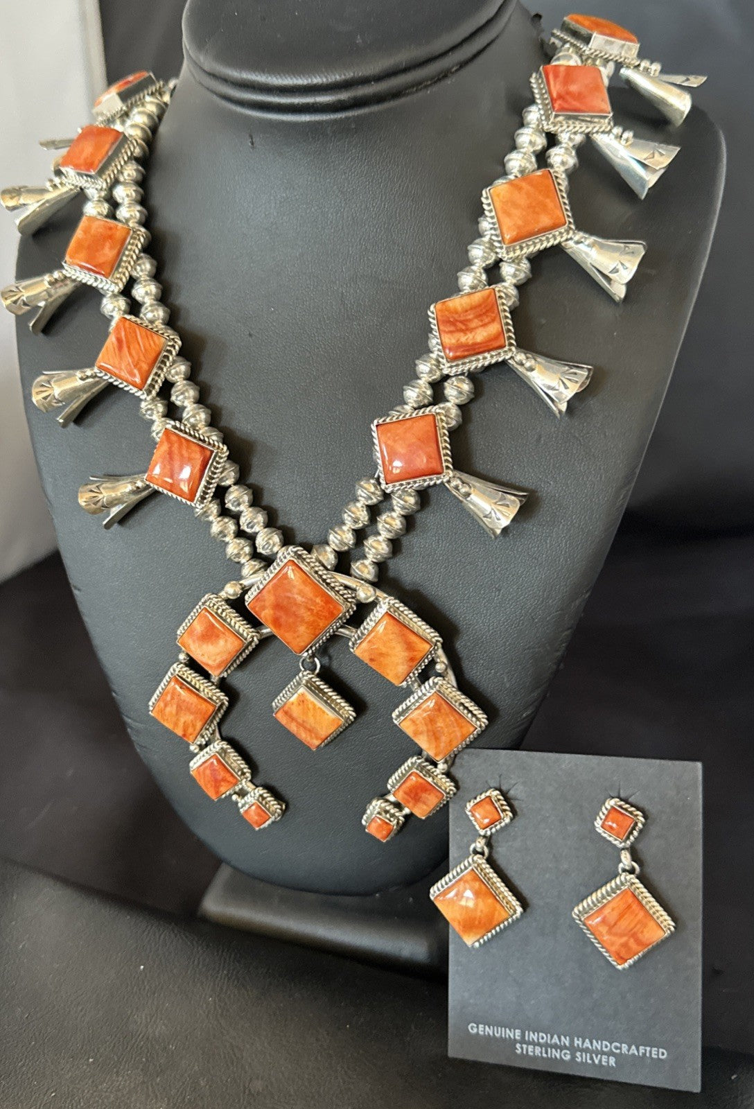 Orange Spiny Oyster Sterling Silver Squash Blossom Necklace 26" Earrings 19074