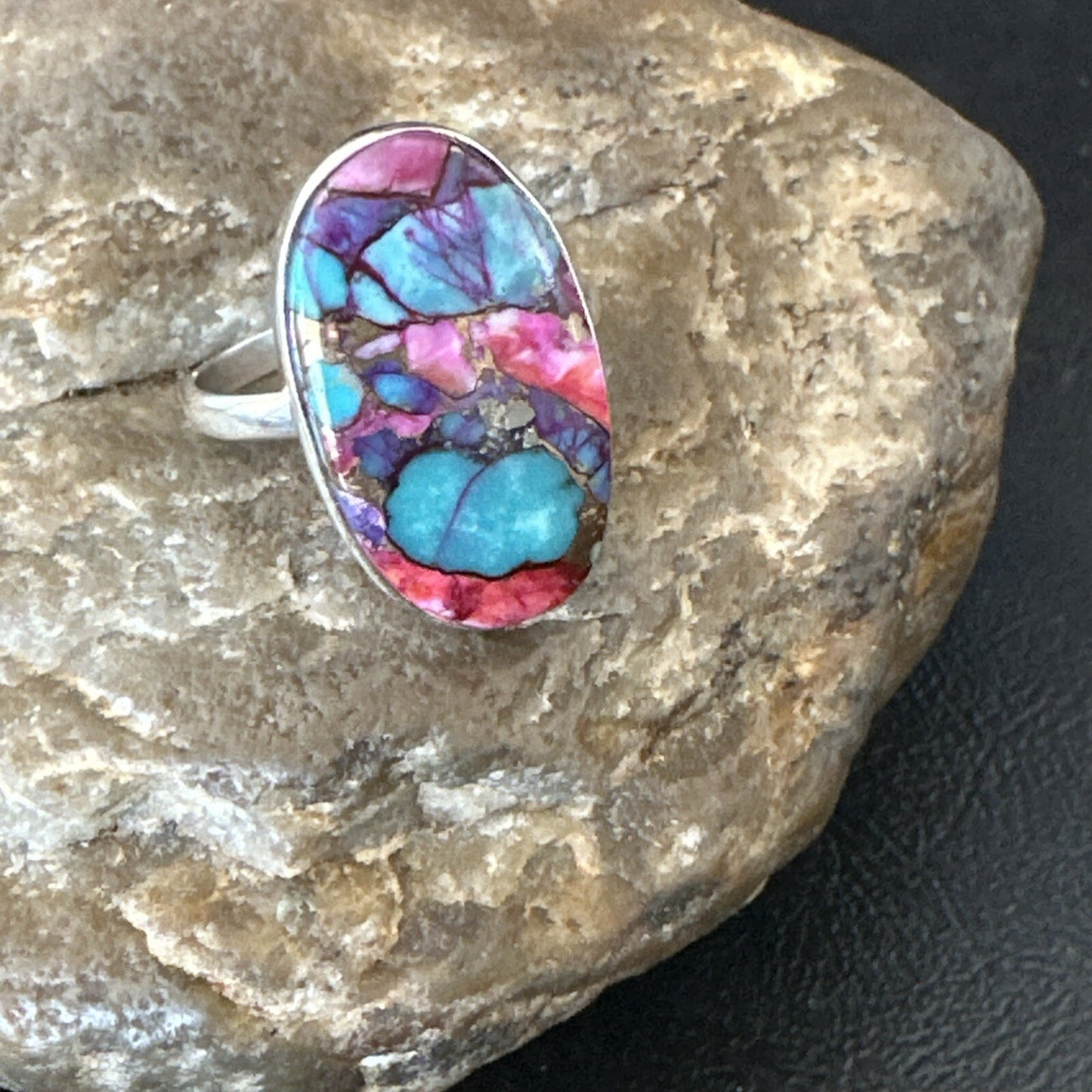 Blue Turquoise Spiny Oyster Southwestern Sterling Silver Ring Size 11 18450