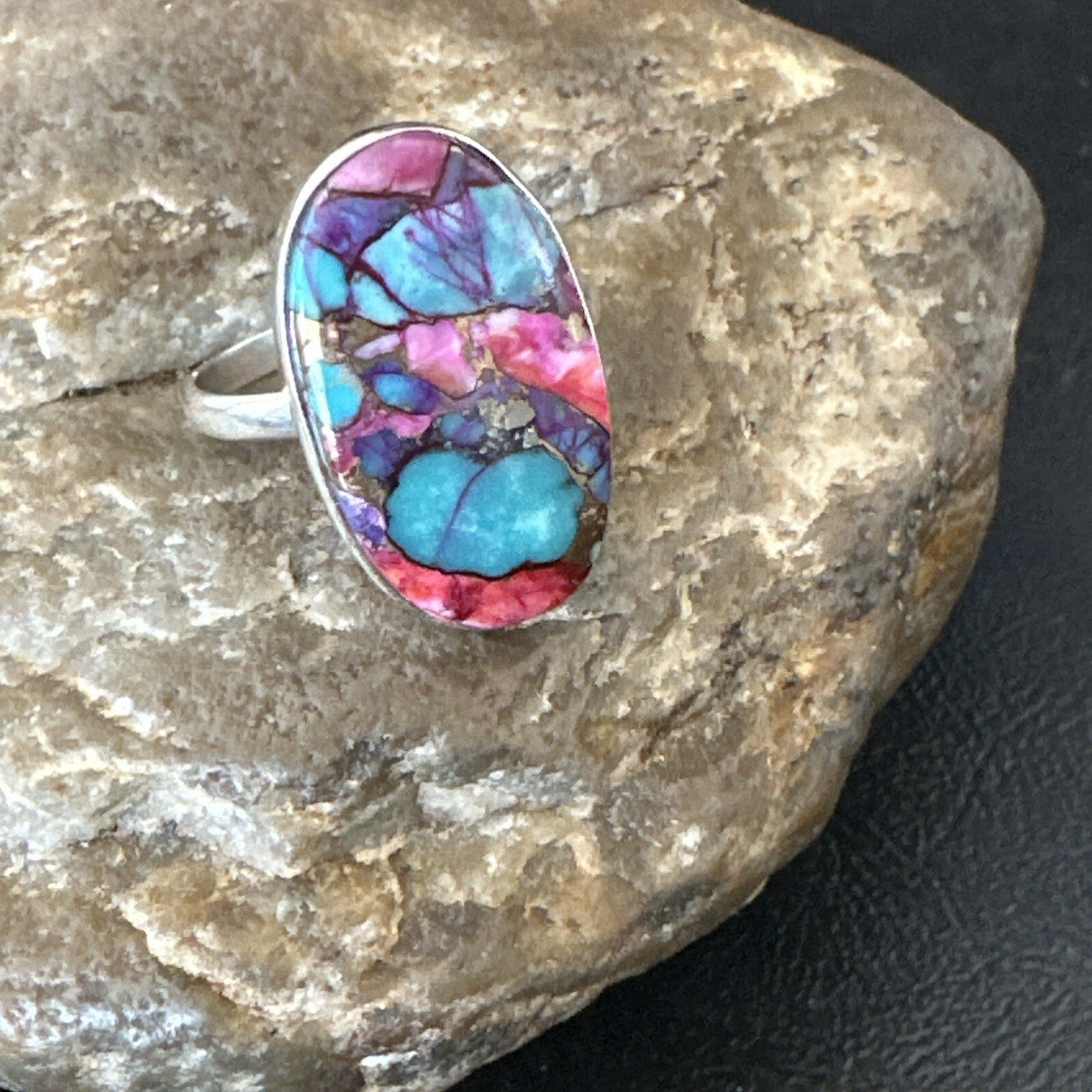 Blue Turquoise Spiny Oyster Southwestern Sterling Silver Ring Size 11 18450