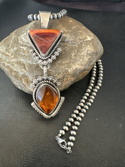 Multicolor Turquoise Spiny Navajo Sterling Silver Cluster Pendant Necklace 19684