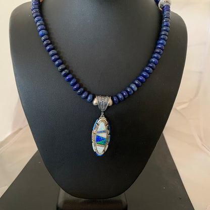 Navajo Sterling Silver Necklace Lapis Opal Pendant Native American 19491