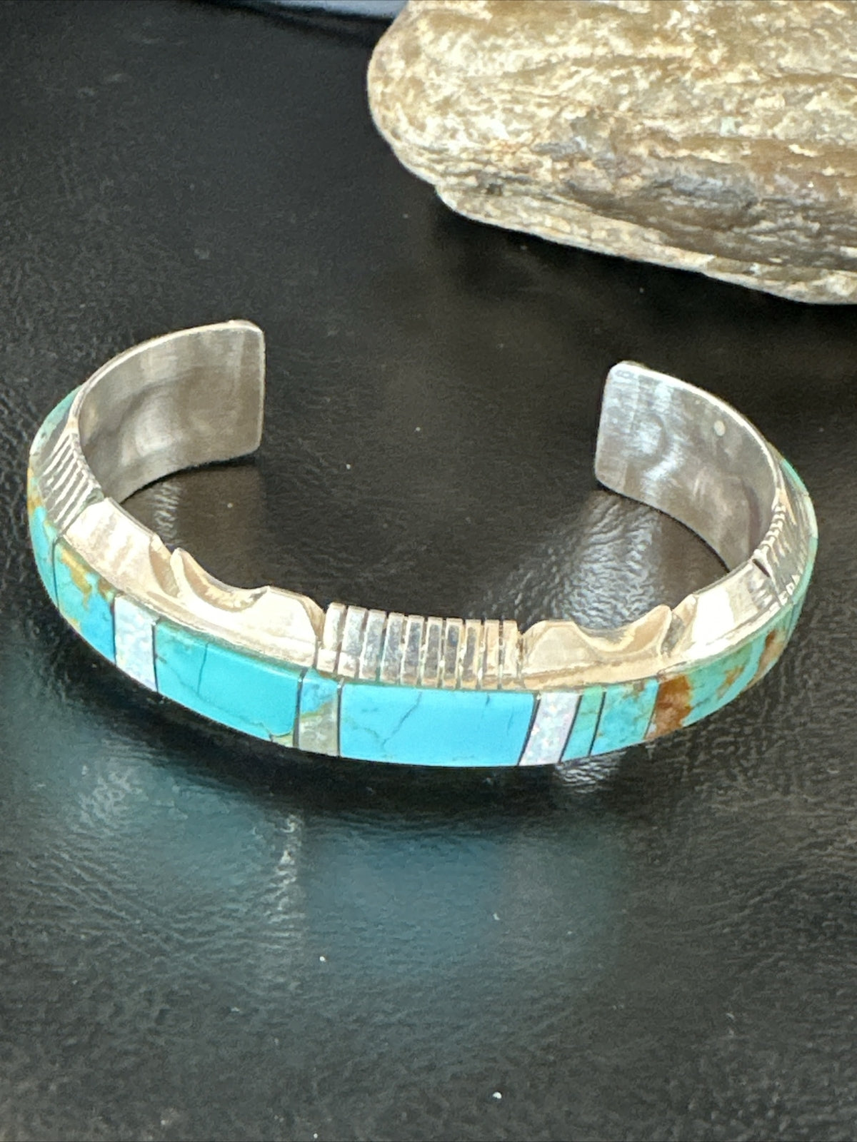Blue Turquoise Opal Navajo Sterling Silver Cuff Inlay Bracelet 17957
