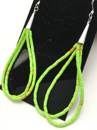 Gift Liquid Silver Heishi Dangle Green Gaspeite Sterling 2S Earrings 2.5” 4370