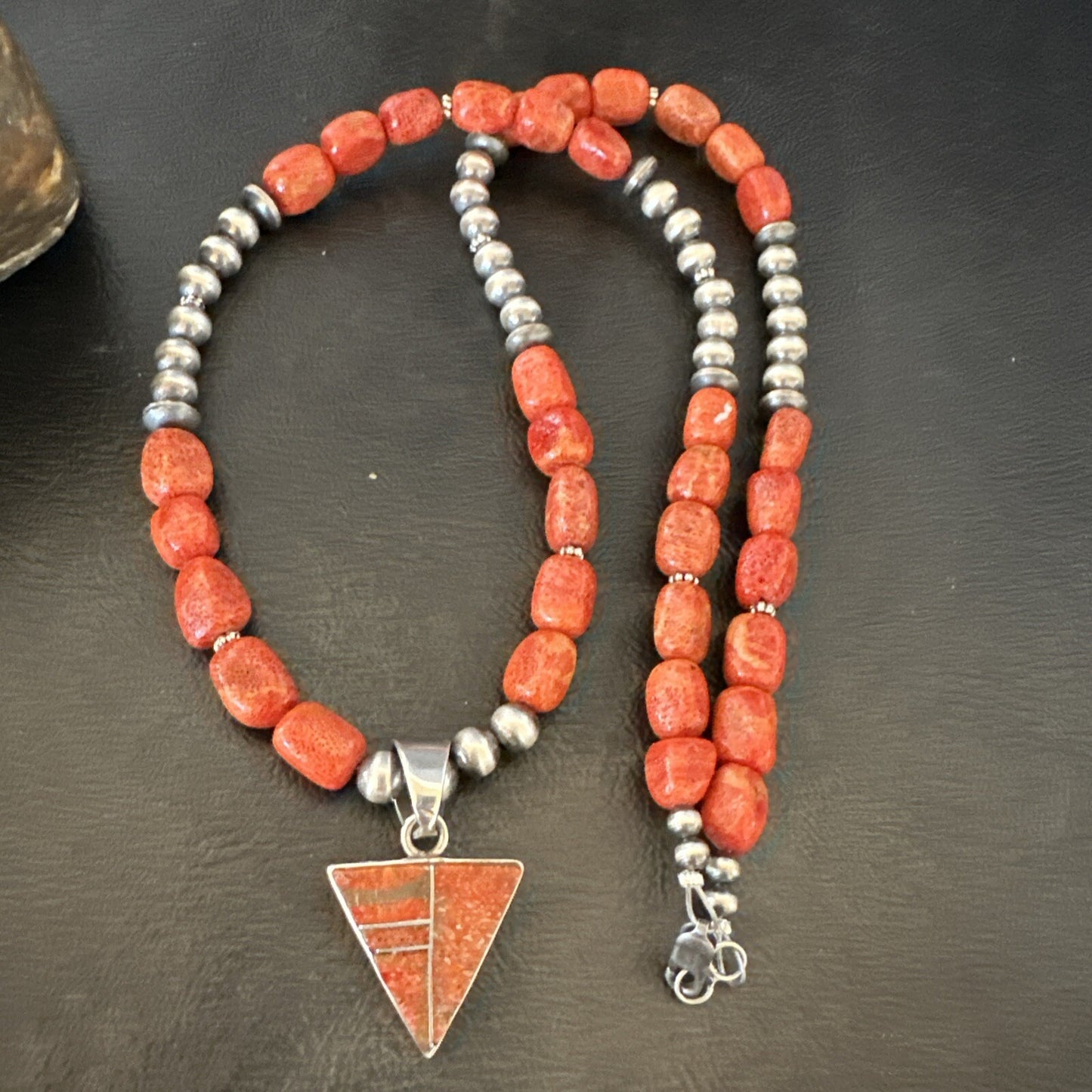 Navajo Apple Sponge Coral Sterling Silver Necklace Inlay Pendant 21” 18684