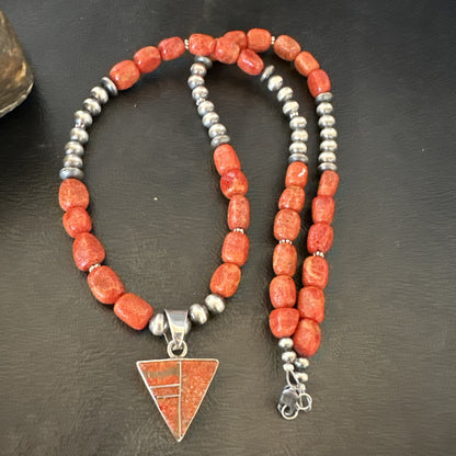 Navajo Apple Sponge Coral Sterling Silver Necklace Inlay Pendant 21” 18684