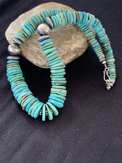 Blue Turquoise Graduated Navajo Pearls Sterling Silver Necklace 00248