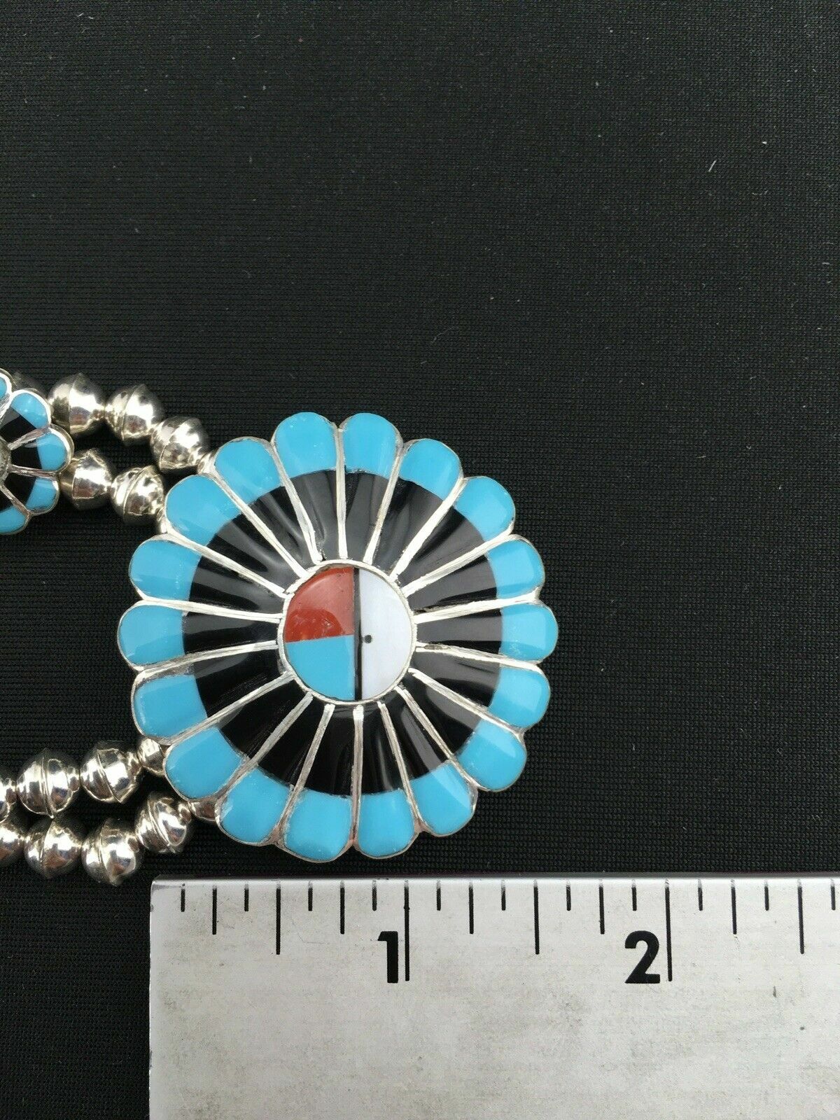 Sun Face Turquoise Inlay Zuni Sterling Silver Squash Necklace & Earrings 01308N