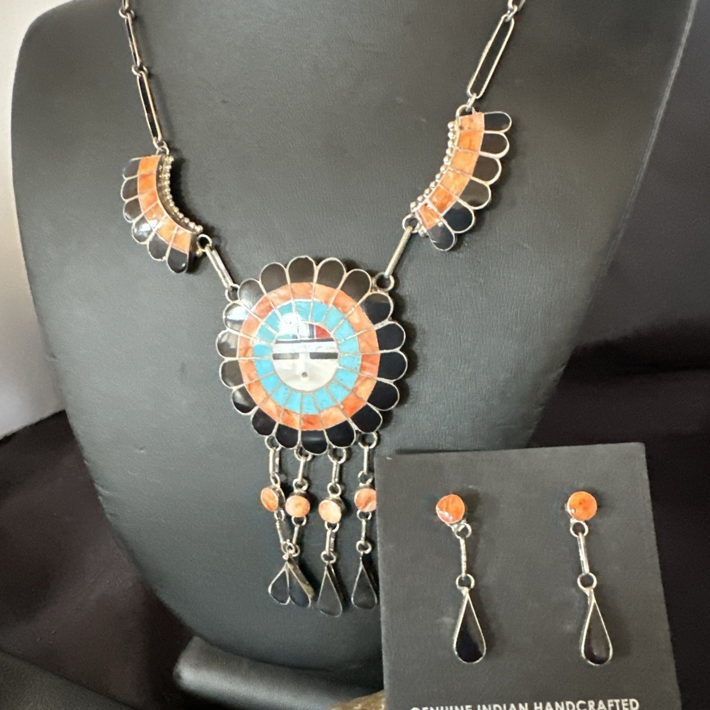 Sunface Spiny Onyx Turquoise Zuni Sterling Silver Necklace 19" Earrings 19114