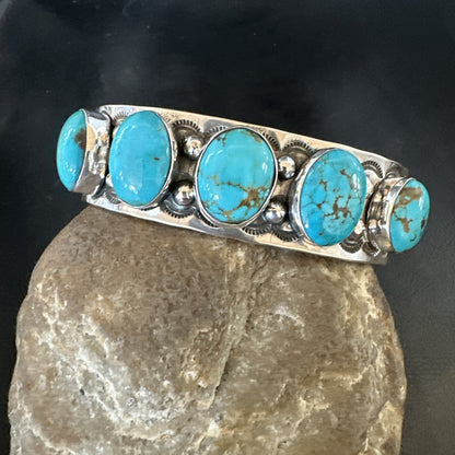 XL Blue Kingman Turquoise 5 Stone Navajo Sterling Silver Cuff Bracelet 18021