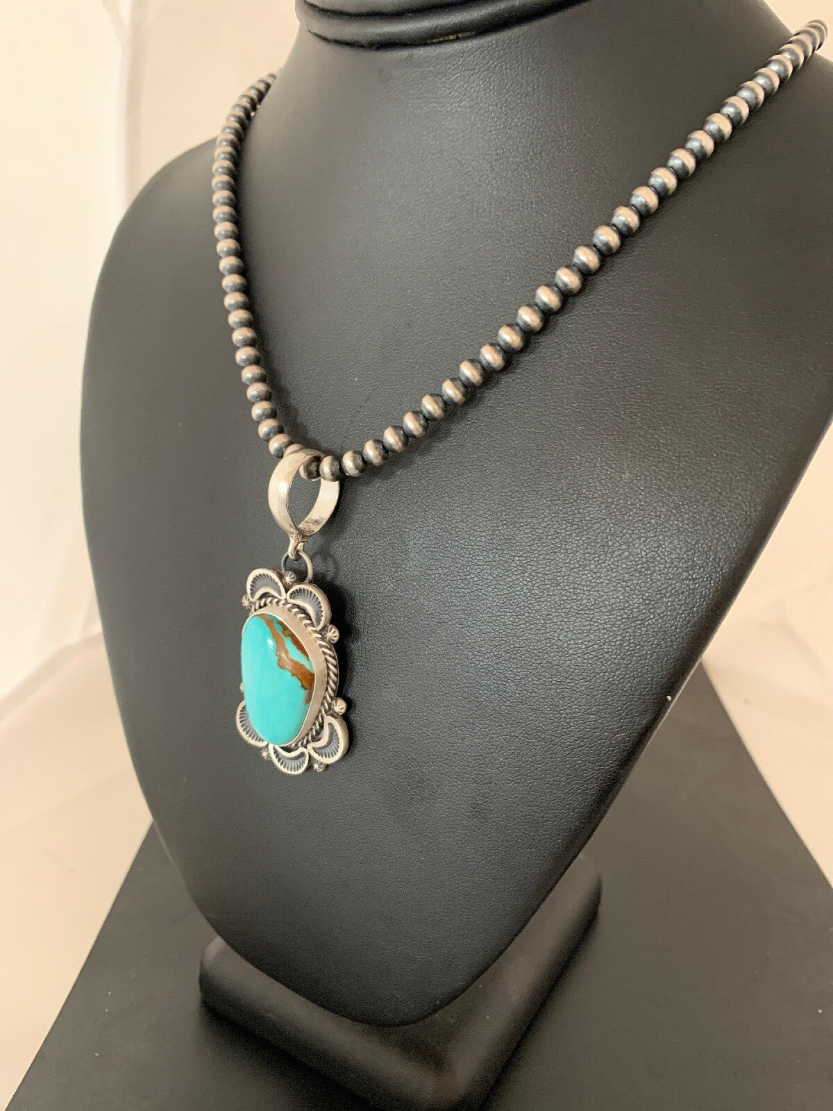 Mens Navajo Pearls Sterling Silver Royston Turquoise Necklace Pendant 04306