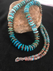 Navajo Blue Green Turquoise Spiny Oyster Necklace Graduated 35" | Authentic Native American Handmade | 8117