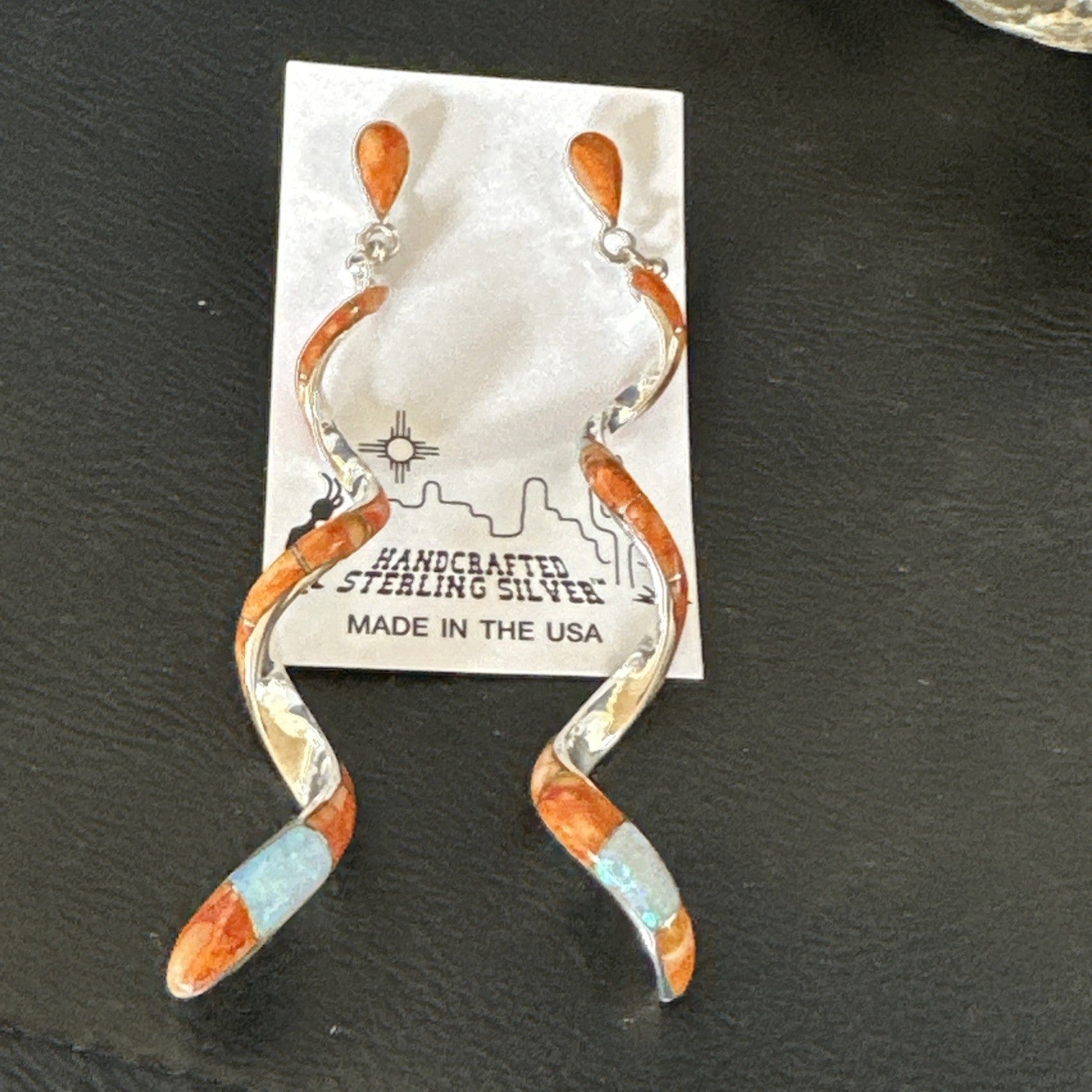 Orange Spiny Oyster Opal Sterling Silver Swirl Dangle Earrings 3" 19134