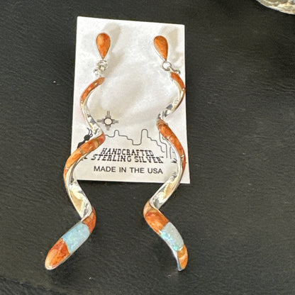 Orange Spiny Oyster Opal Sterling Silver Swirl Dangle Earrings 3" 19134
