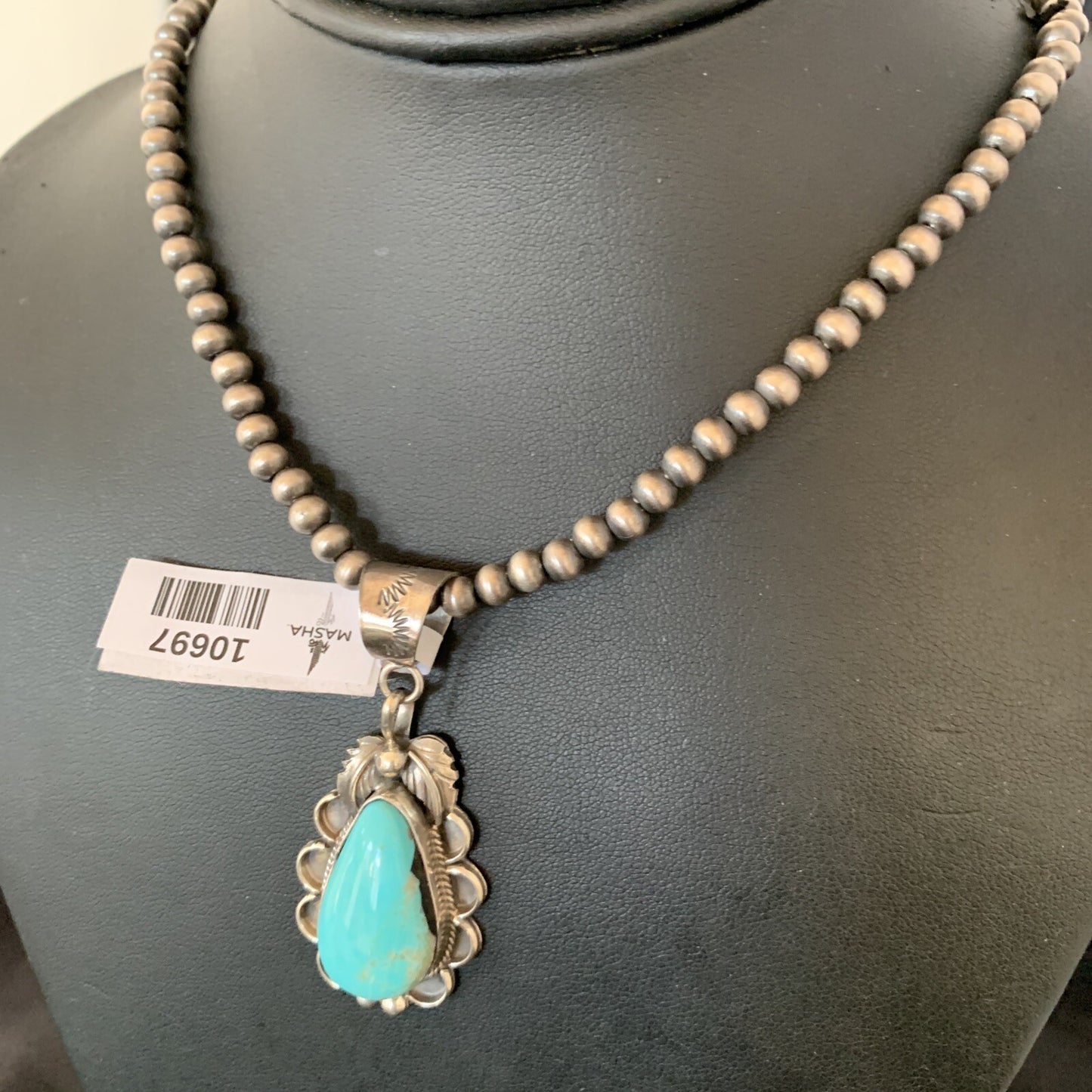 Mens Blue Kingman Turquoise Pendant Navajo Pearls Sterling Necklace 10697N