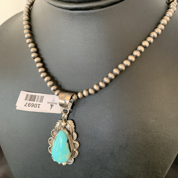 Men's Blue Kingman Turquoise Pendant Navajo Pearls Necklace 10697N | Sterling Silver | Authentic Native American Handmade