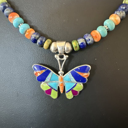 Butterfly Multicolor Turquoise Pendant Navajo Sterling Silver Necklace 18729
