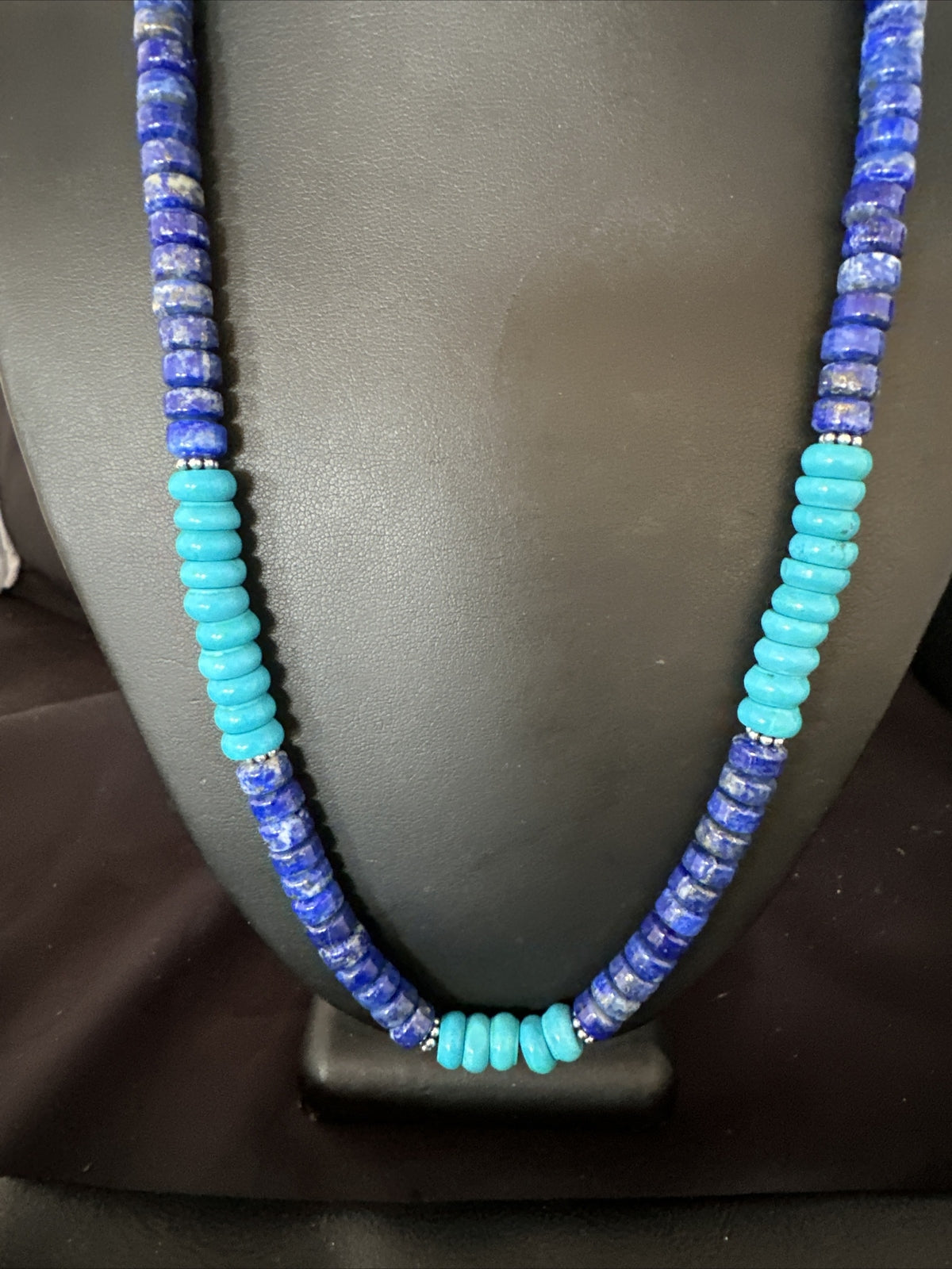 Mens Navajo Beads Lapis Sterling Silver Necklace Turquoise 23” 14941