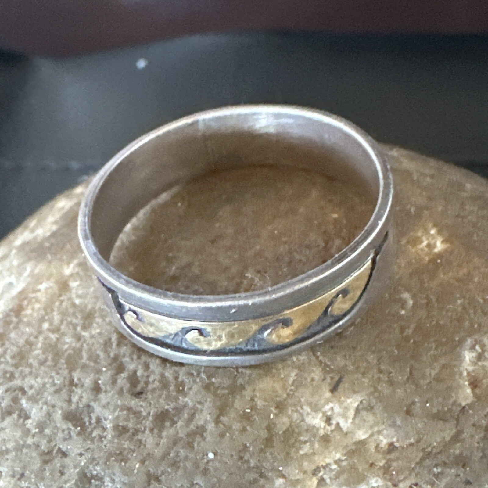 Mens Wedding Band Navajo Stamped 14K Gold Sterling Silver Ring Sz 12 17968