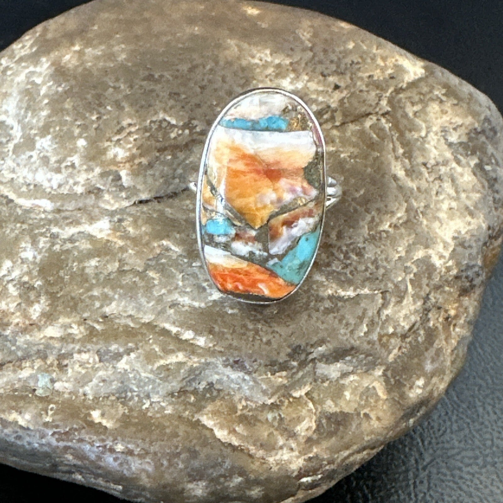 Blue Turquoise Spiny Oyster Navajo Sterling Silver Ring Size 8 18252