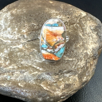 Blue Turquoise Spiny Oyster Navajo Sterling Silver Ring Size 8 18252