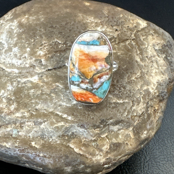 Blue Turquoise Spiny Oyster Navajo Ring Size 8 | Sterling Silver | Authentic Native American Handmade | 18252
