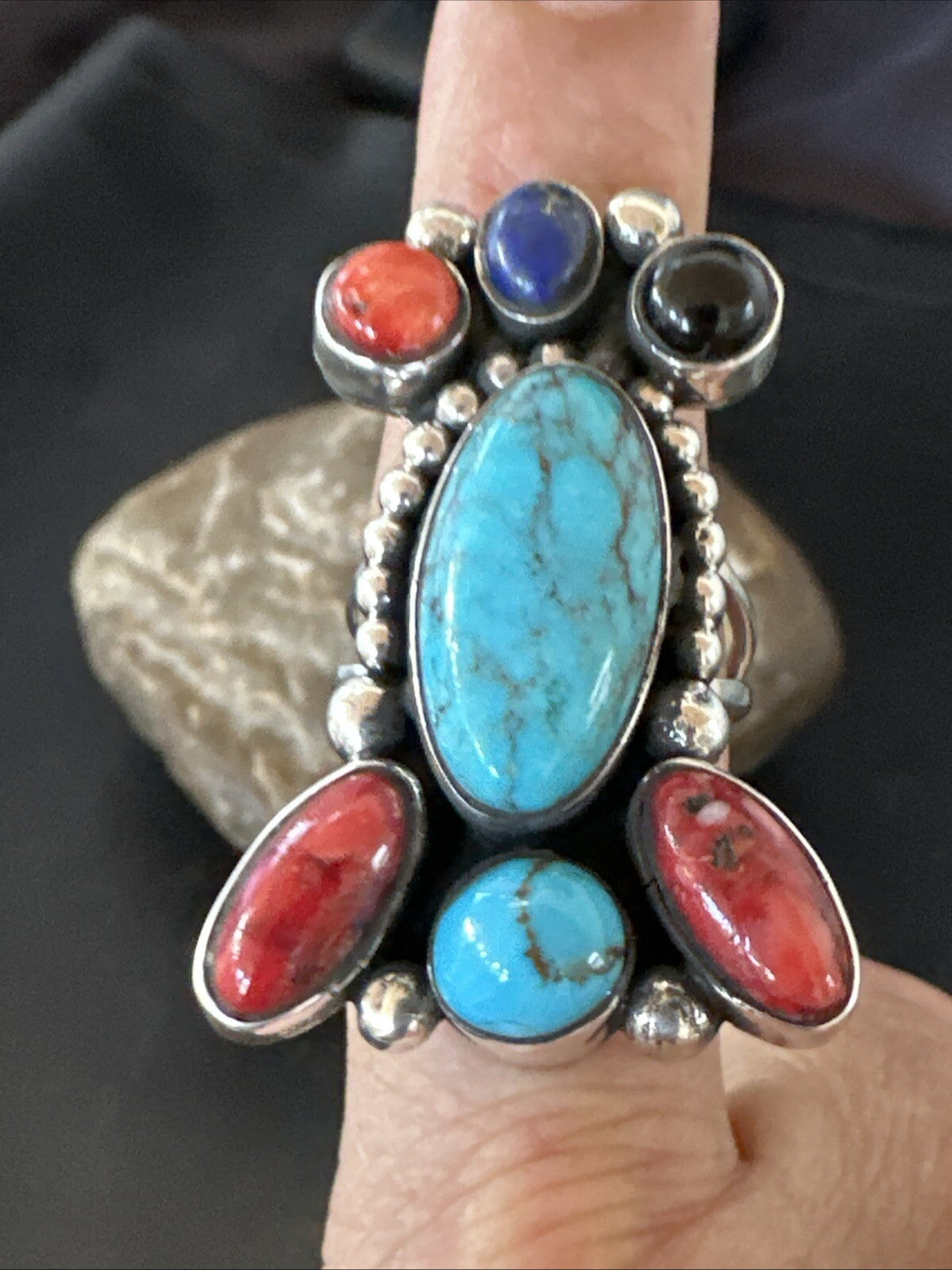 Cluster Blue Turquoise Spiny Oyster Onyx Sterling Silver Ring Size 8 18562