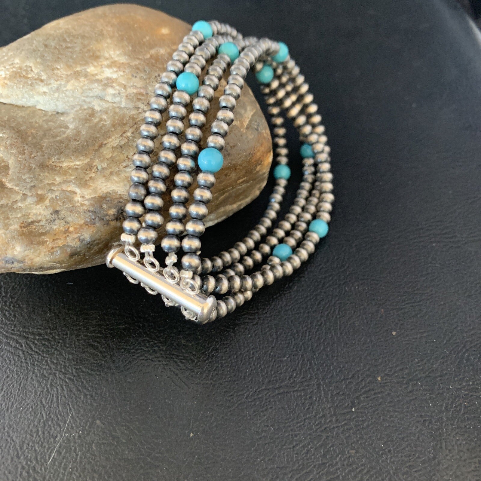 Native Navajo Sterling Silver Beads Blue Turquoise Bracelet 4 Strands 13587