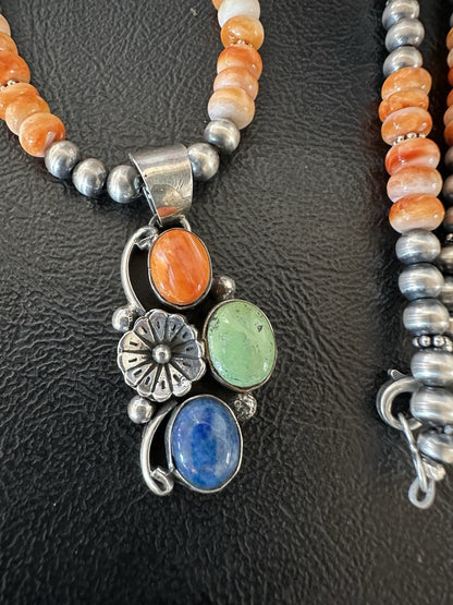 Orange Spiny Oyster Navajo Pearls Sterling Silver Necklace Pendant 19379