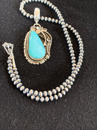 Royston Turquoise Pendant Navajo Sterling Silver Beads Necklace 08735