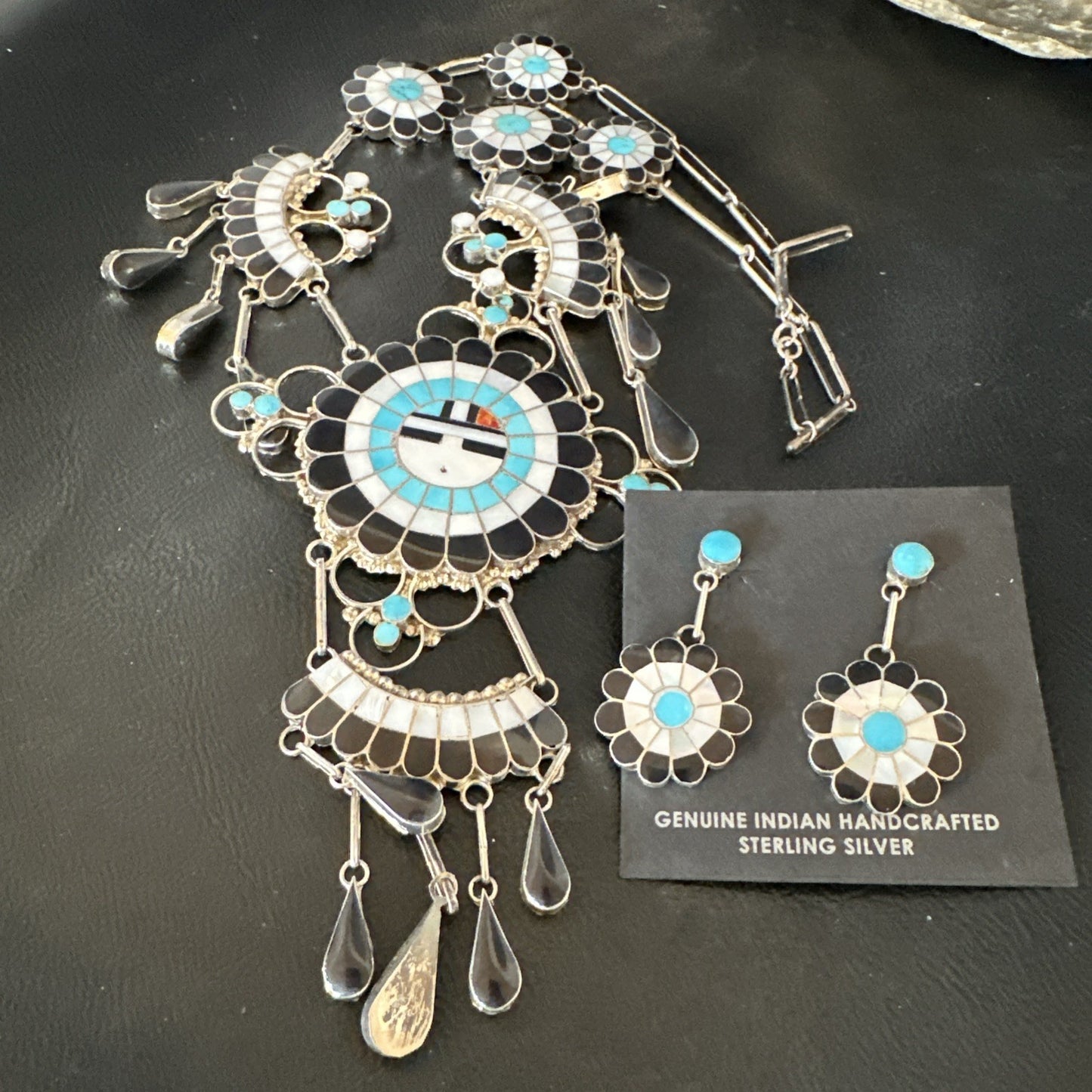 Old Pawn Sunface Turquoise Zuni Sterling Silver Necklace Earrings 19086