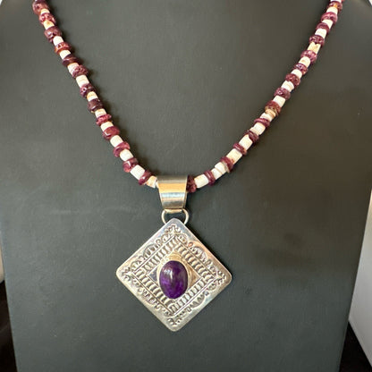 H Joe Purple Spiny Oyster Pendant Shell Sterling Silver Necklace 26” 19544