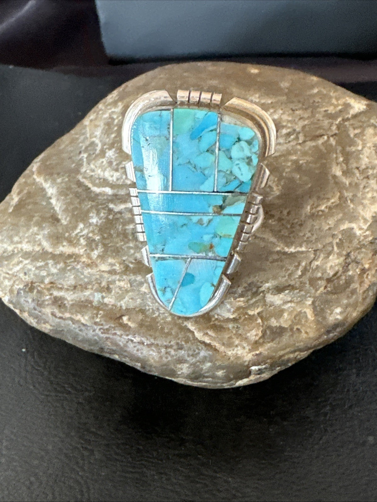 Blue Turquoise Navajo Inlay Sterling Silver Ring Size 11 19782