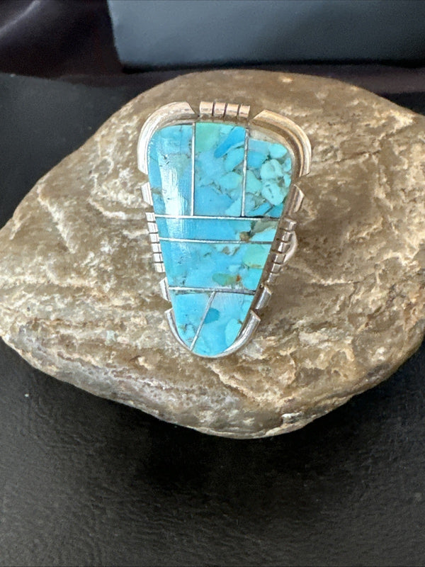 Blue Turquoise Navajo Inlay Ring Size 11 | Sterling Silver | Authentic Native American Handmade | 19782