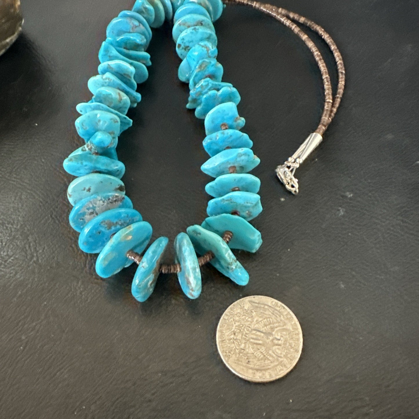 Navajo Kingman Turquoise Shell Heishi Sterling Silver Bead 24” Necklace 19633