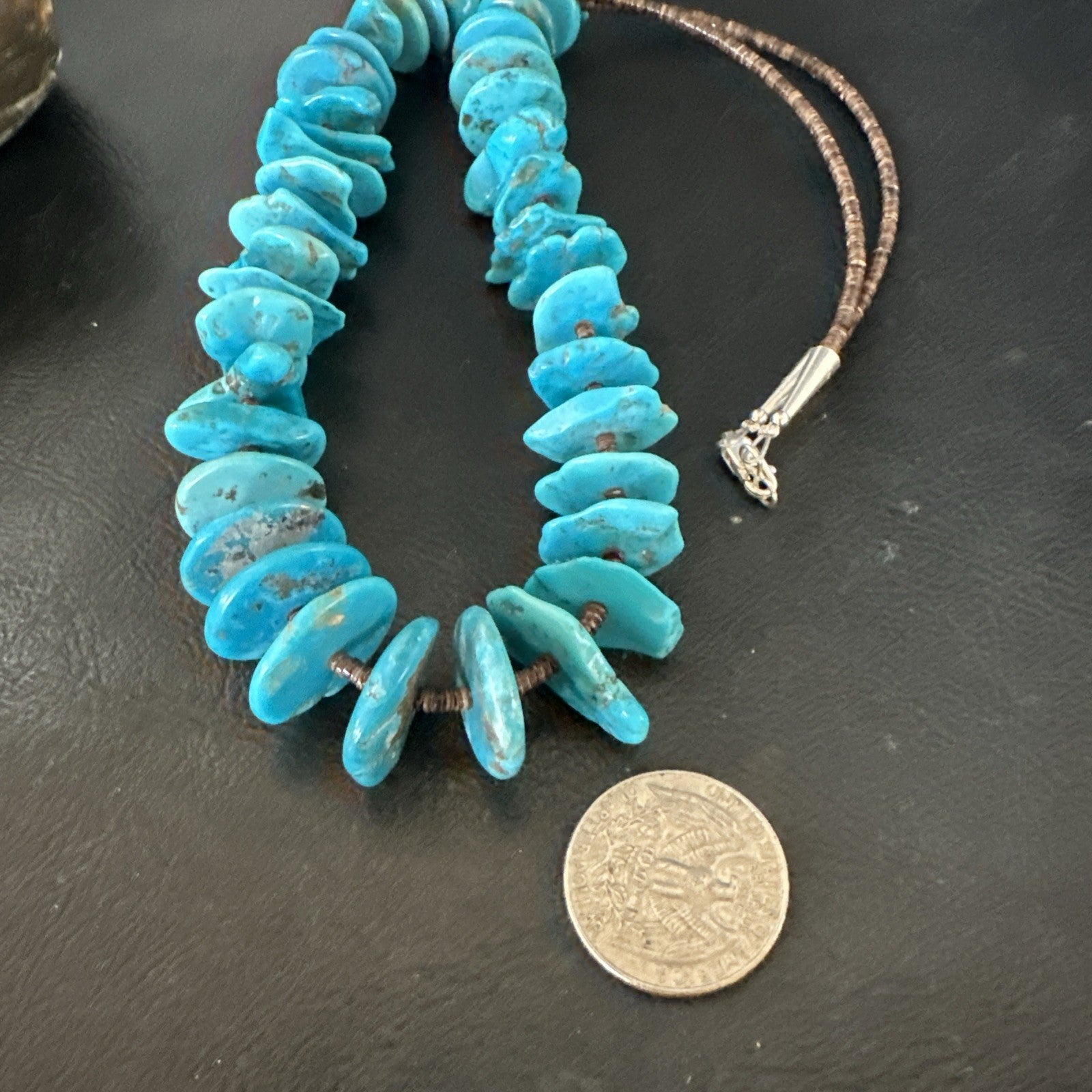 Navajo Kingman Turquoise Shell Heishi Sterling Silver Bead 24” Necklace 19633