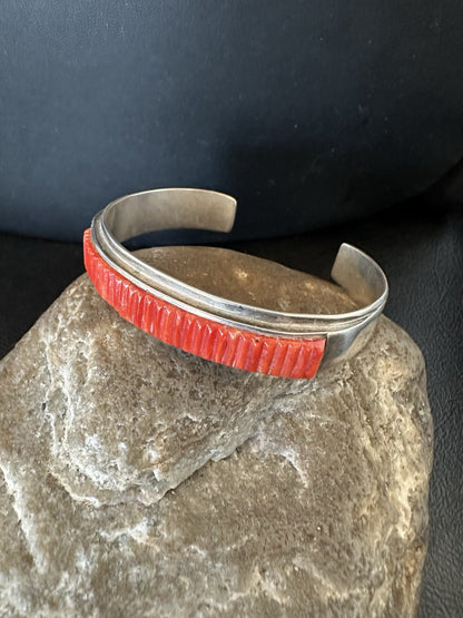Native American Red Coral Navajo Bracelet Sterling Silver Handmade 19461