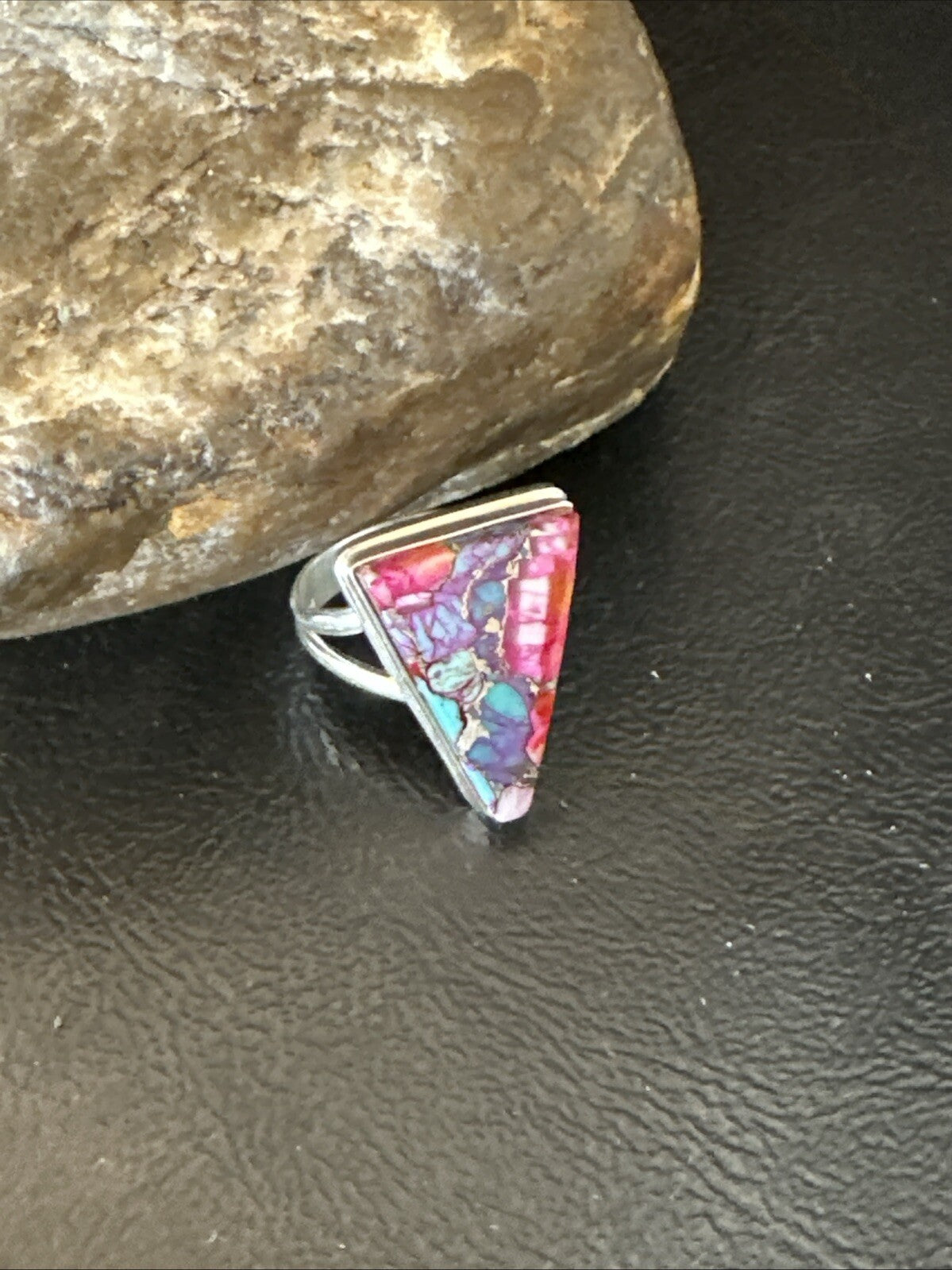 Blue Turquoise Spiny Oyster Southwestern Sterling Silver Ring Size 9 18544