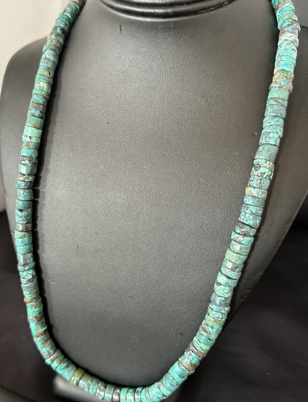 Navajo Turquoise 8mm Heishi Bead Necklace 24" | Sterling Silver | Authentic Native American Handmade | 19035