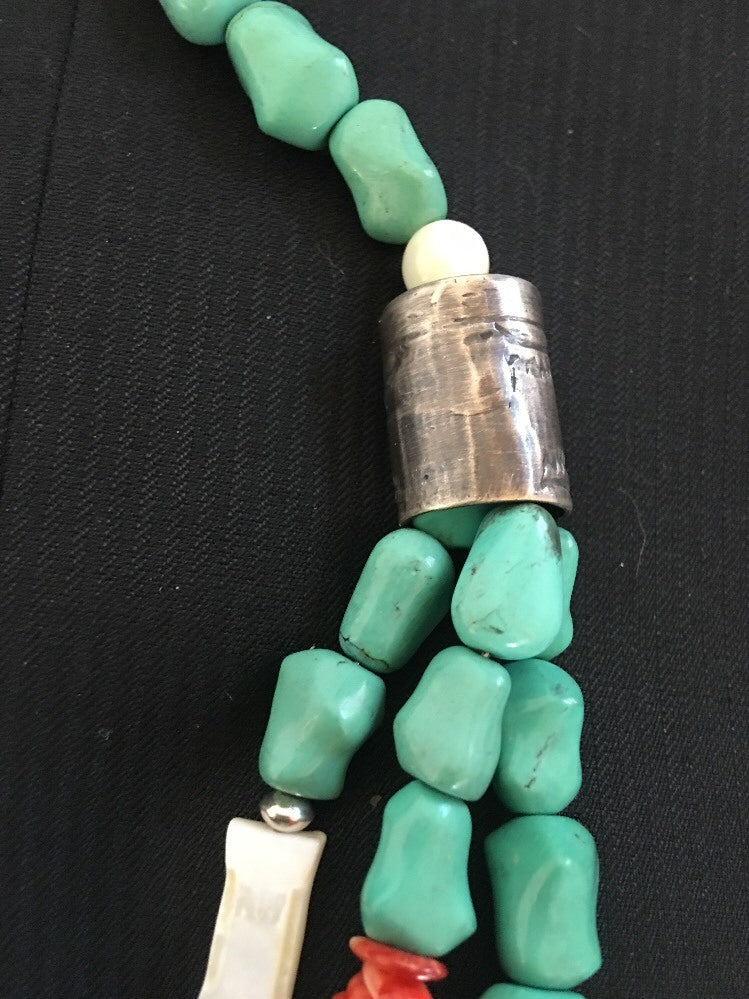 Turquoise, Mother Of Pearl, Spiny 3 Strands Navajo Sterling Silve Necklace 03262