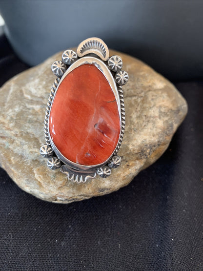 Womens Navajo Sterling Silver Red Spiny Oyster Ring S8.5 10204
