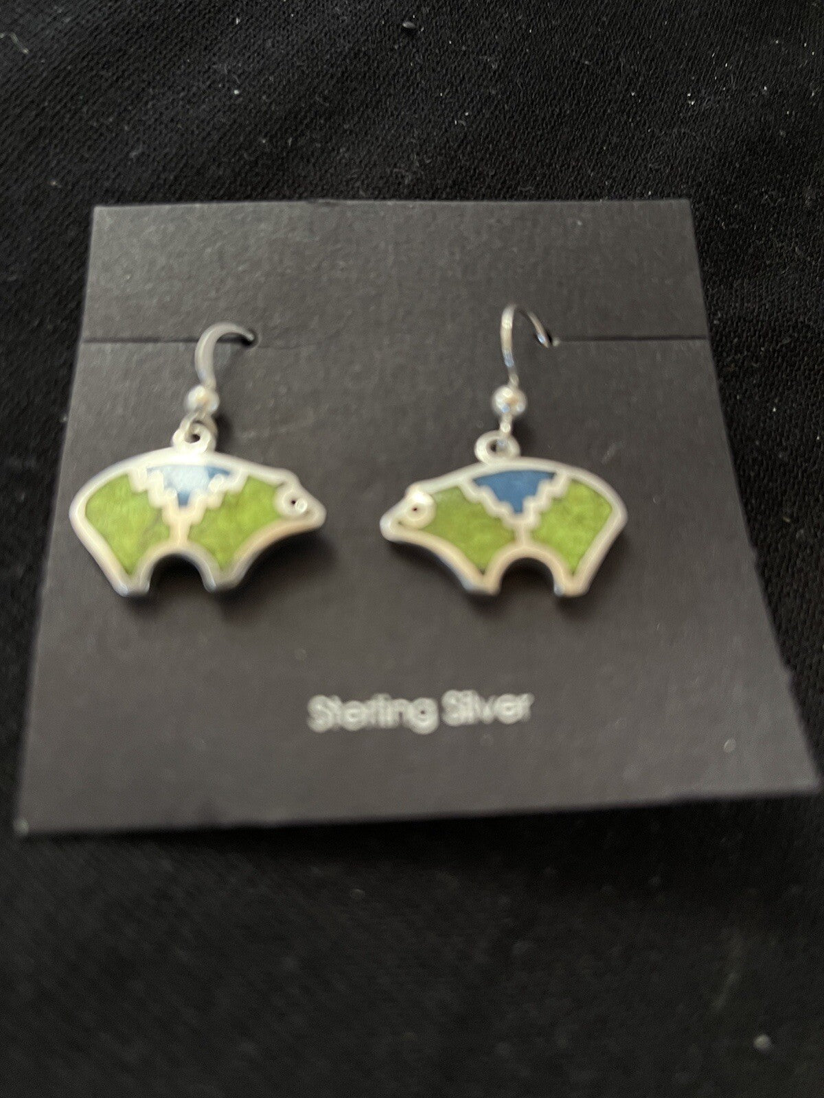 Blue Lapis & Green Turquoise Sterling Silver Bear Inlay Earrings 0.25" 01509