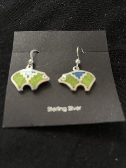 Blue Lapis & Green Turquoise Sterling Silver Bear Inlay Earrings 0.25" 01509